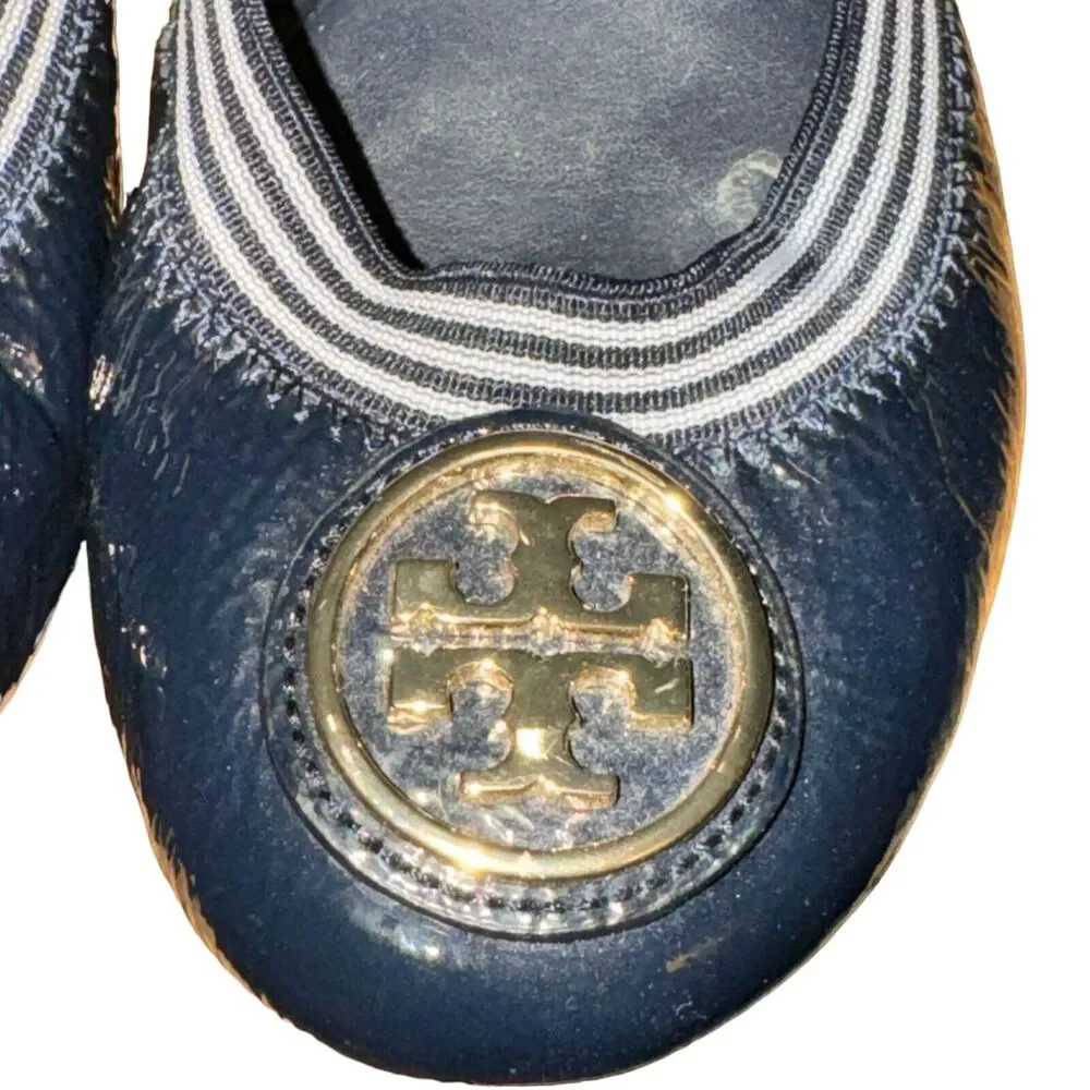 Tory Burch Caroline 2 Naplack Elastic Ballet Flats Women's 6 M Navy Blue Leather